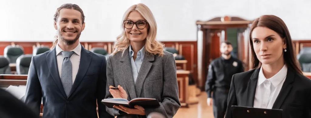two white women lawyers with white male client in court